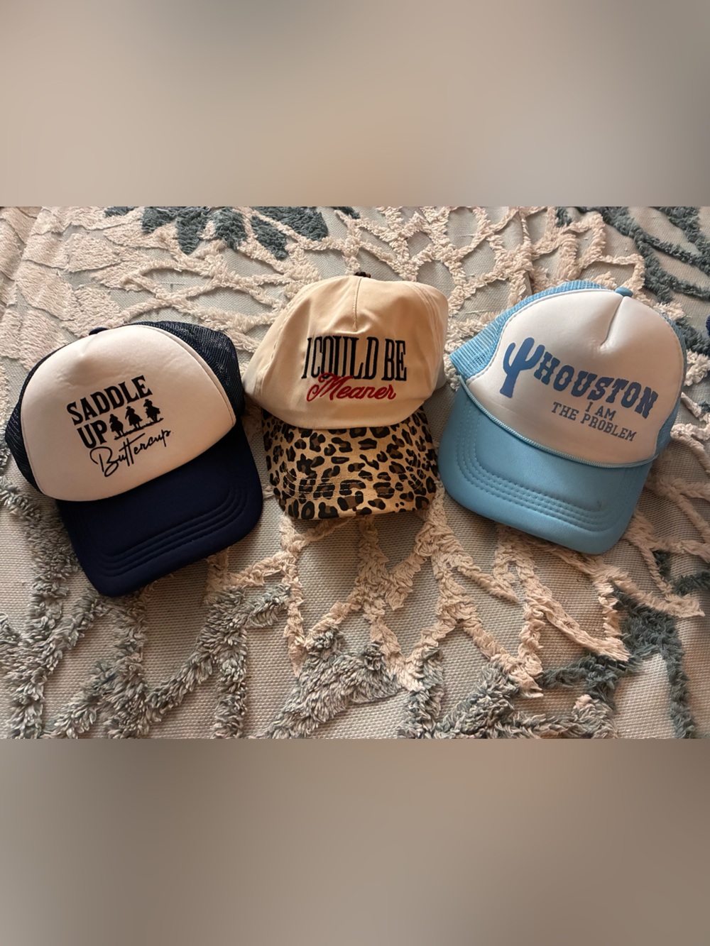 2 trucker style ball caps, 1 canvas style